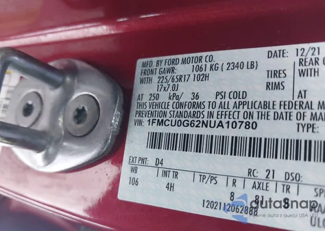 2022 Ford Escape Se z USA, uszkodzony, nr VIN 1FMCU0G62NUA10780